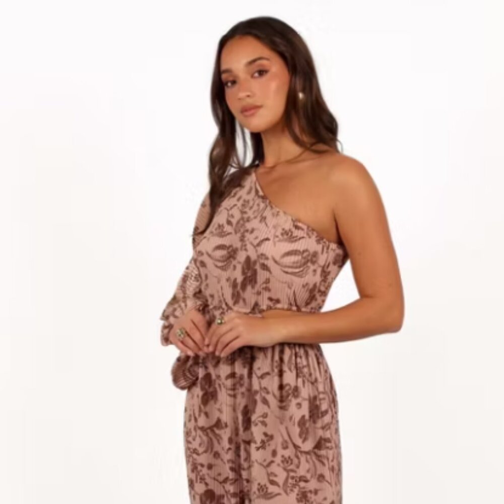 LIKE NEW Petal & Pup Brown Floral One-Shoulder Dress